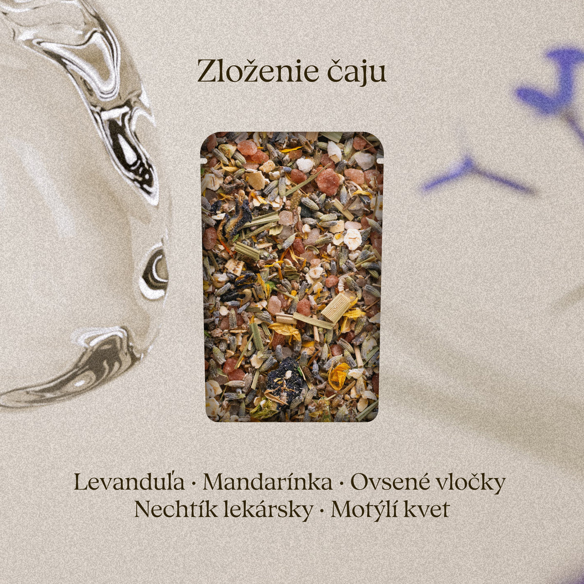 Zloženie čaju Dream Valley: levanduľa, mandarínka, ovsené vločky, nechtík lekársky, motýlí kvet