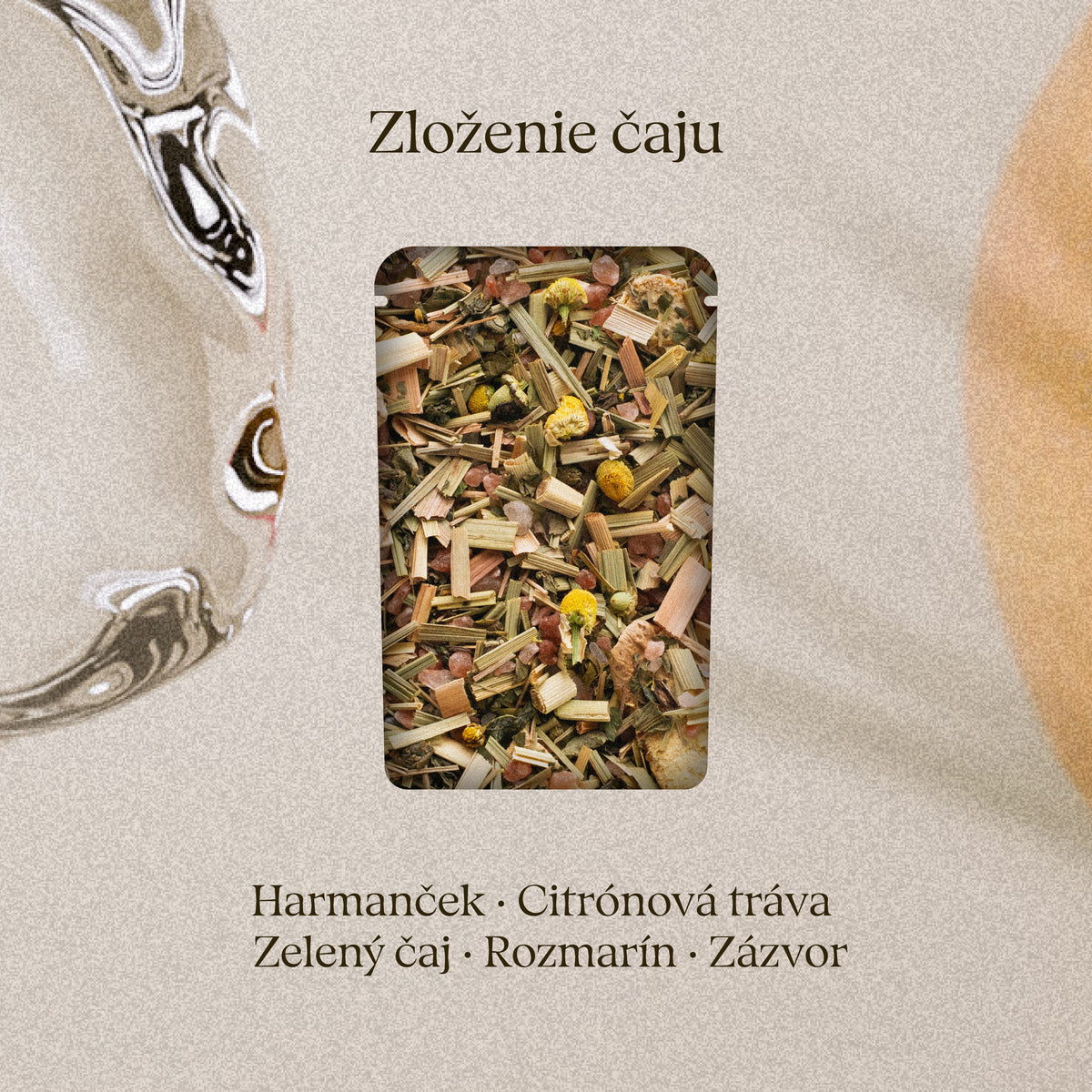 Zloženie čaju Herbal Spring: harmanček, citrónová tráva, zelený čaj, rozmarín, zázvor