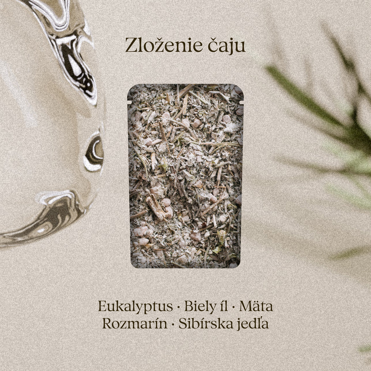Zloženie čaju Nordic Forest: eukalyptus, biely íl, mäta, rozmarín, sibírska jedľa