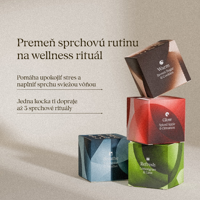 Premeň sprchovú rutinu na wellness rituál – sprchové aromatické kocky Warm, Glow, Breathe a Refresh